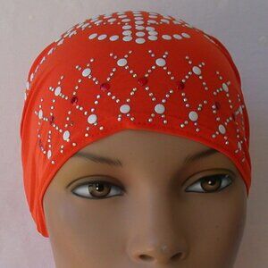 Orange Pre-Tied Stud Chemo Cap Slip On Bonnet Hijab Undercap #1